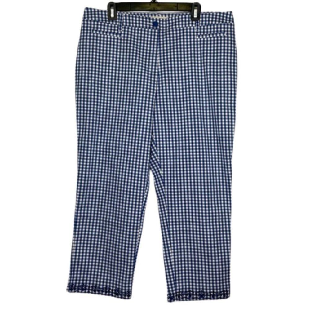 Talbots women's gingham ankle cropped pants blue white size 16
